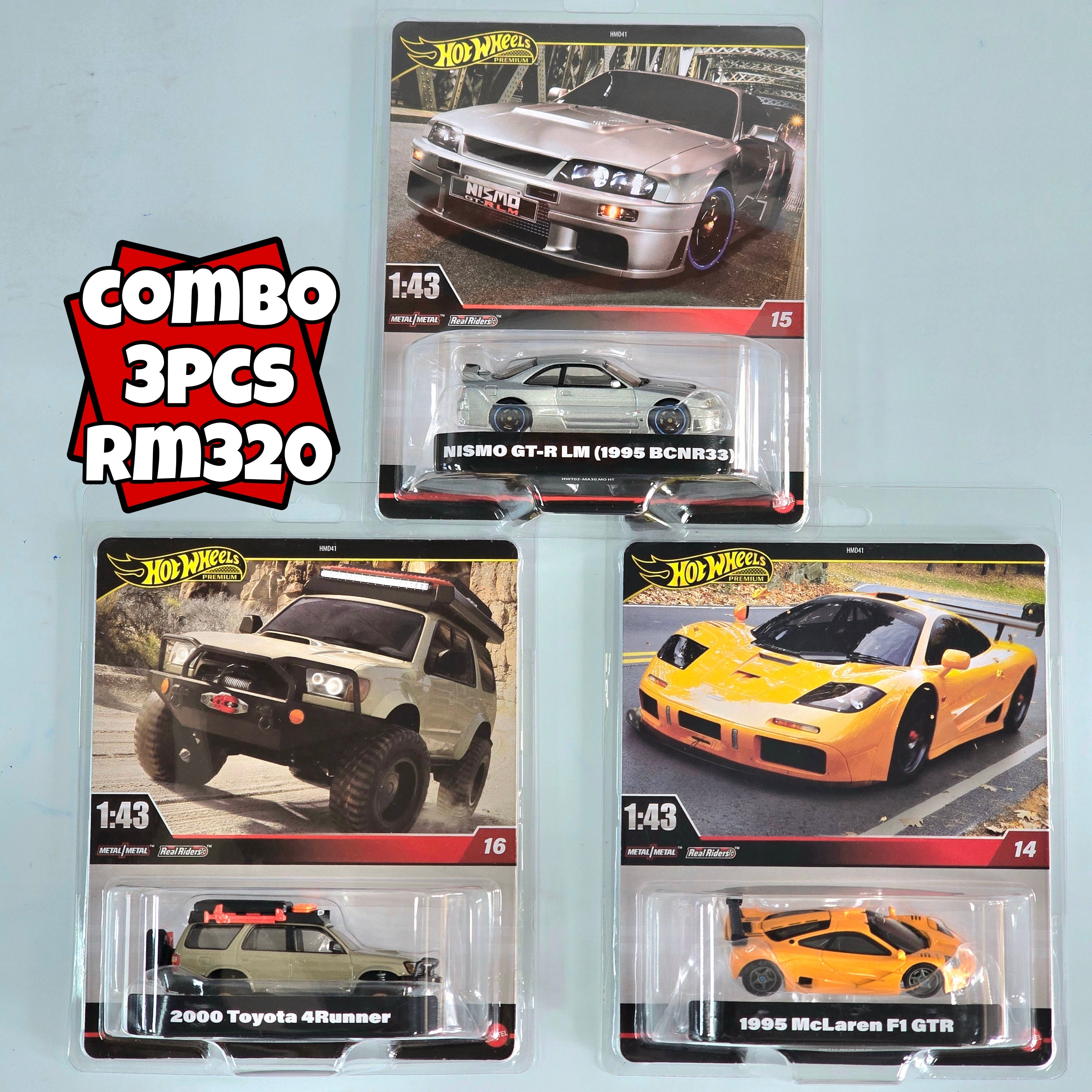 HOT WHEELS PREMIUM SCALE 1:43 COMBO 3 PCS NISSAN SKYLINE GT-R R33 NISMO + TOYOTA 4RUNNER + MCLAREN F1 GTR