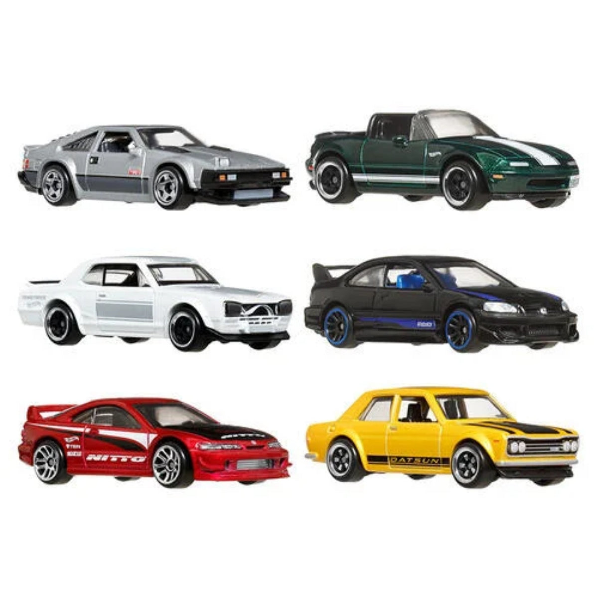 HOT WHEELS JDM SILVER SERIES BOX SET OF 6 TOYOTA SUPRA MAZDA MIATA NISSAN SKYLINE 2000GT-X HONDA SI INTEGRA DATSUN 510