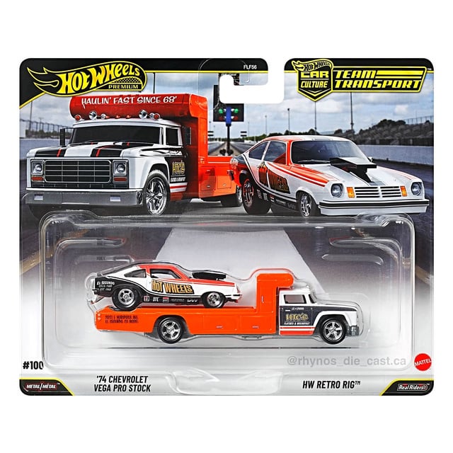 HOT WHEELS PREMIUM TEAM TRANSPORT '74 CHEVROLET VEGA PRO STOCK + RETRO RIG #100