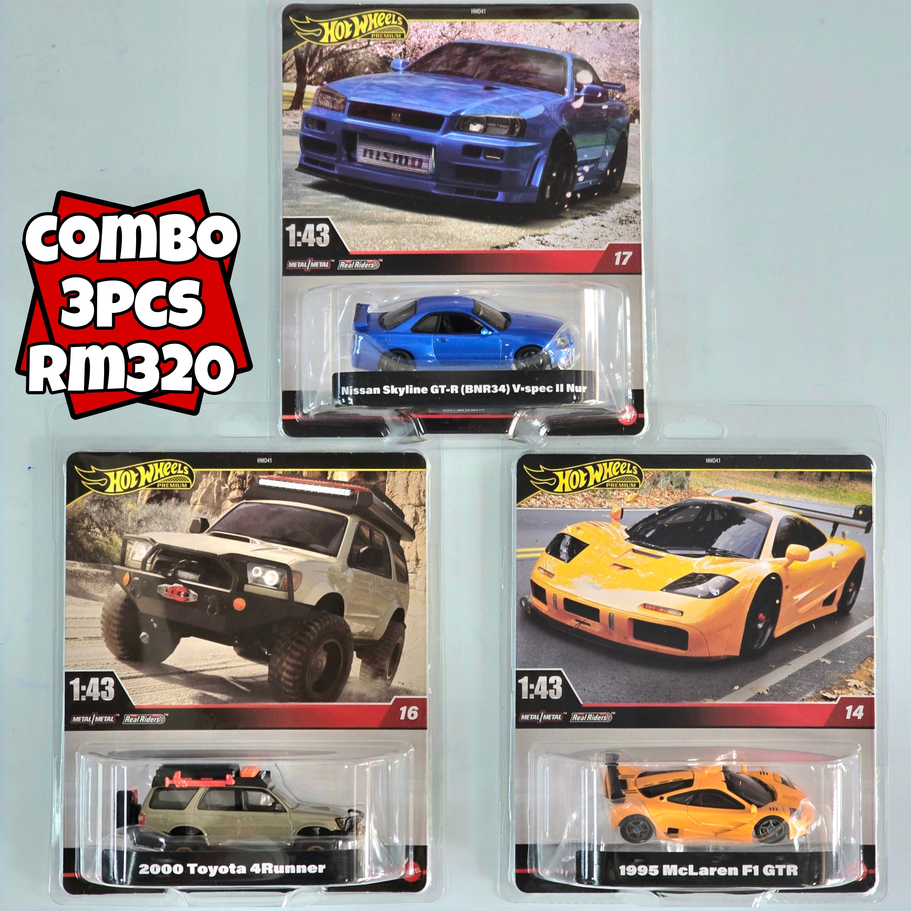 HOT WHEELS PREMIUM SCALE 1:43 COMBO 3 PCS NISSAN SKYLINE GT-R (BNR34) + TOYOTA 4RUNNER + MCLAREN F1 GTR