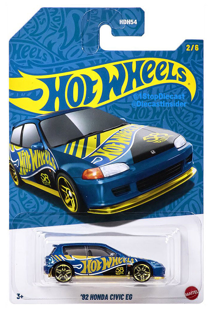 HOT WHEELS 2025 Hot Wheels 58th ANNIVERSARY BLUE AND GOLD CHROME PEARL SET OF 6PCS WITH CHASE