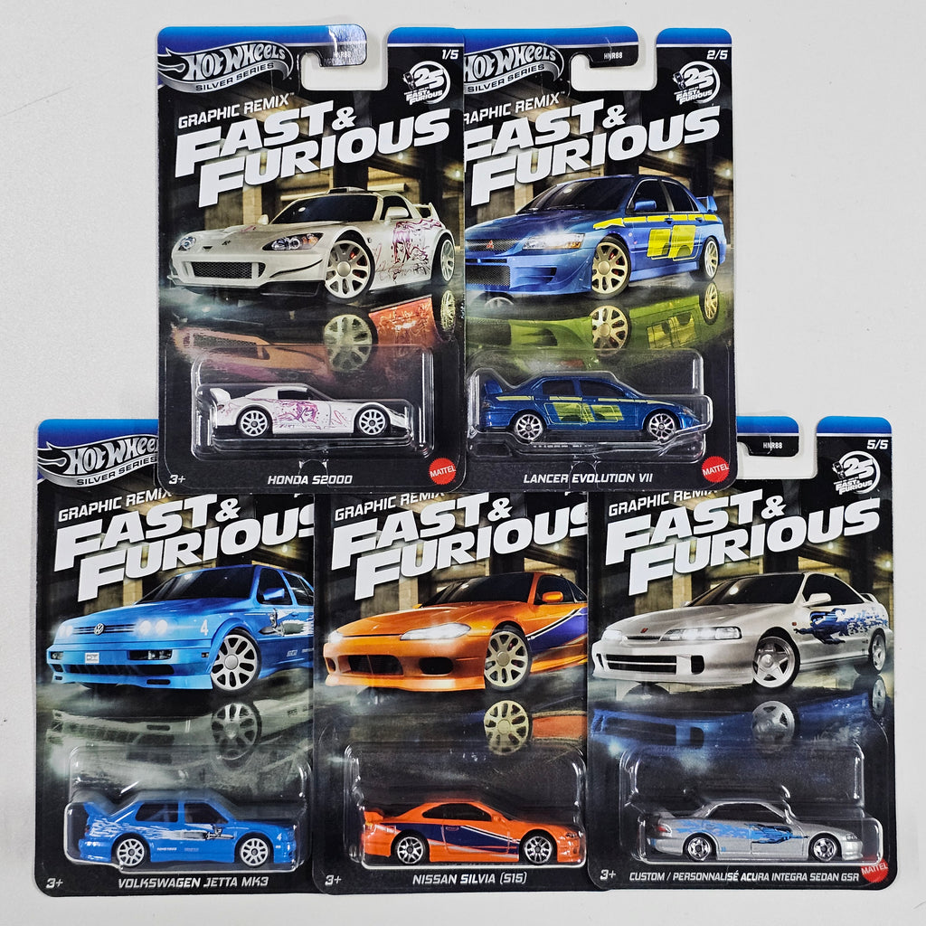 2025 HOT WHEELS EXCLUSIVE SILVER SERIES FAST AND FURIOUS GRAPHIC REMIX COMPLETE SET 5PCS