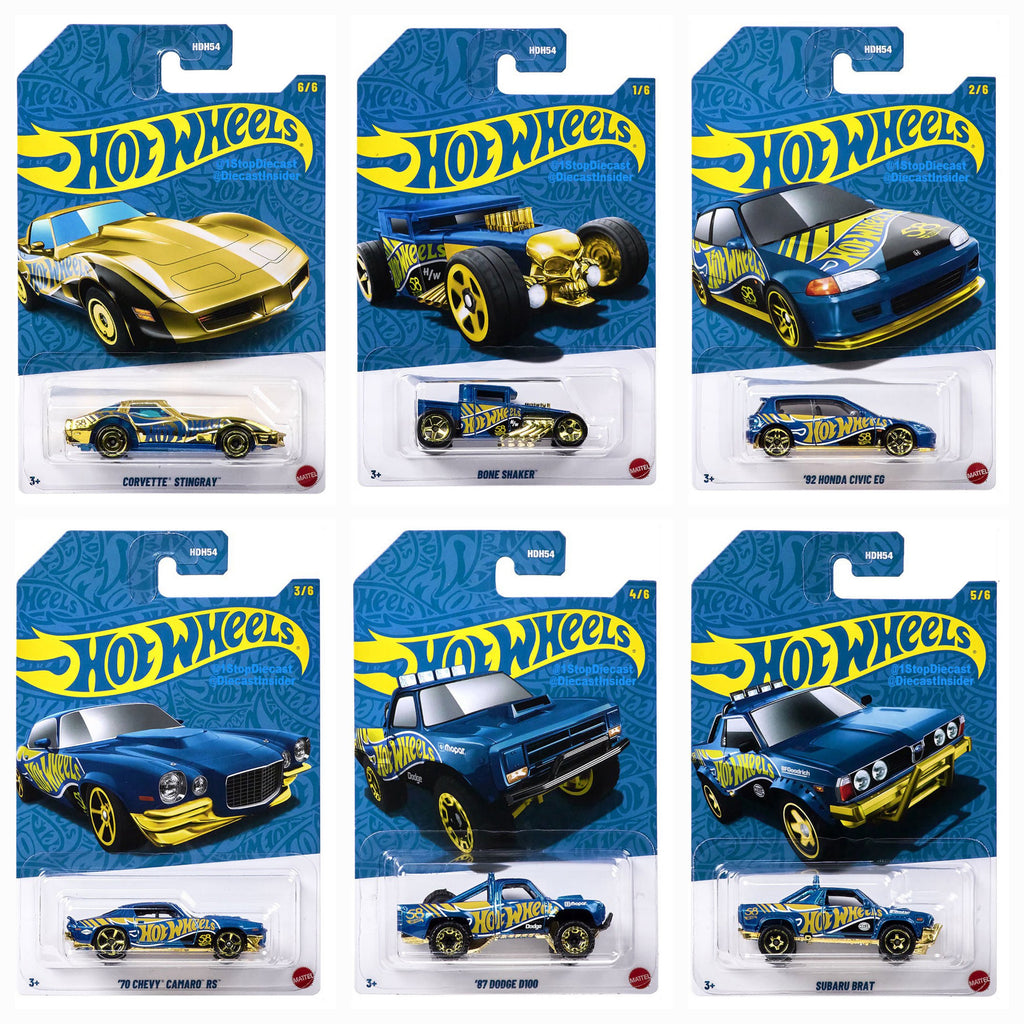 HOT WHEELS 2025 Hot Wheels 58th ANNIVERSARY BLUE AND GOLD CHROME PEARL SET OF 6PCS WITH CHASE