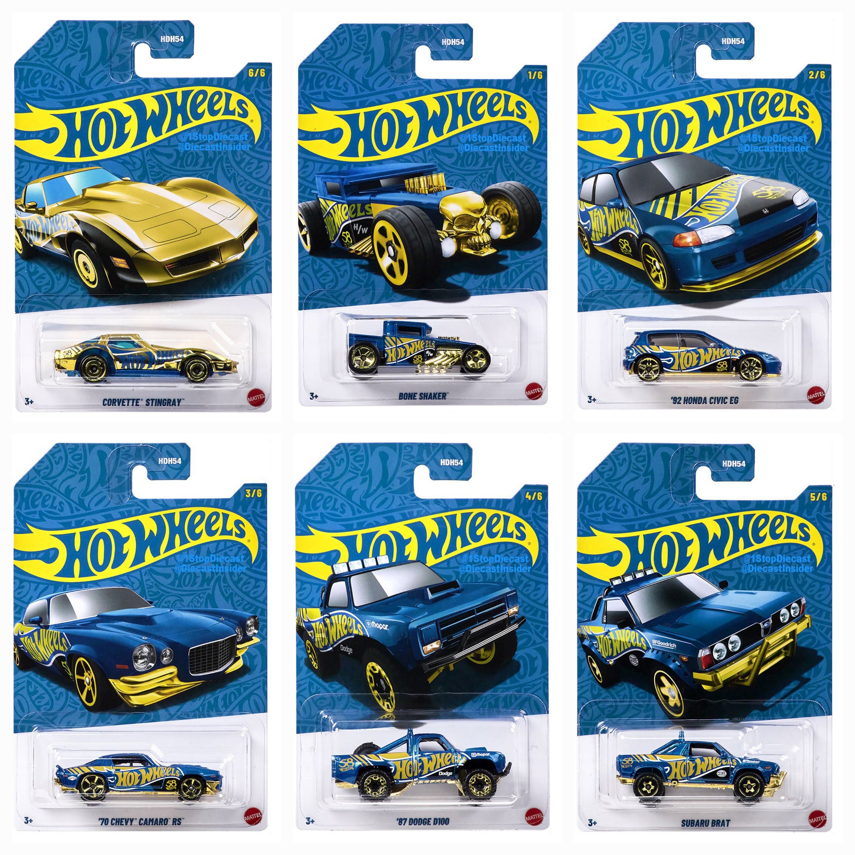 HOT WHEELS 2025 Hot Wheels 58th ANNIVERSARY BLUE AND GOLD CHROME PEARL SET OF 6PCS WITH CHASE