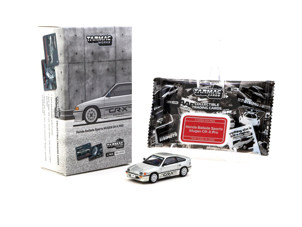 TARMAC WORKS 1/64 HONDA Ballade Sports MUGEN CR-X PRO Silver Model Car with Trading Cards Combo Set