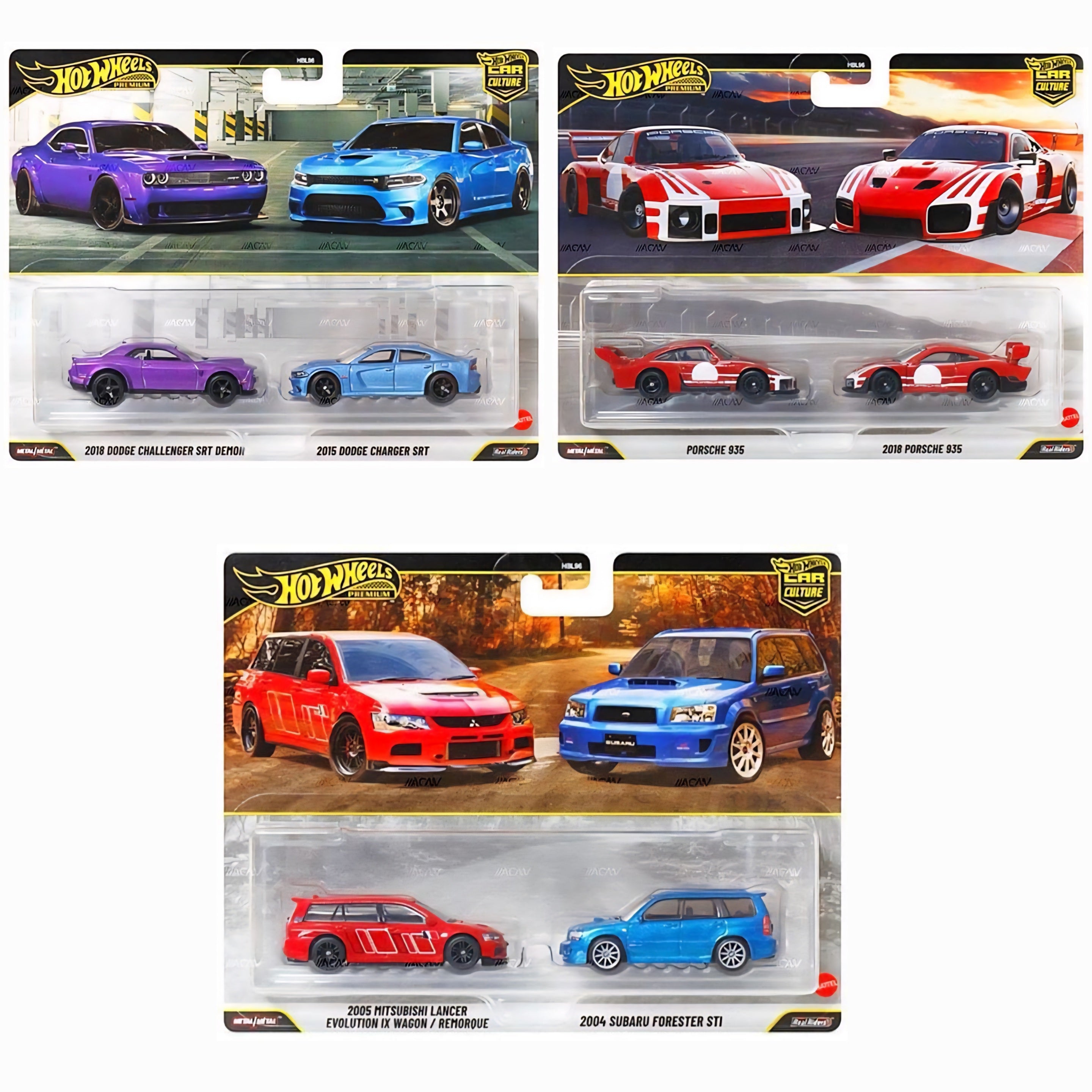 HOT WHEELS PREMIUM TWIN PACK MITSUBISHI LANCER EVOLUTION IX WAGON SUBARU FORESTER STI PORSCHE 935 DODGE CHALLENGER CHARGER