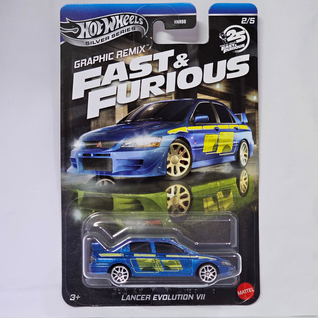 2025 HOT WHEELS LANCER EVOLUTION VII EXCLUSIVE SILVER SERIES FAST AND FURIOUS GRAPHIC REMIX