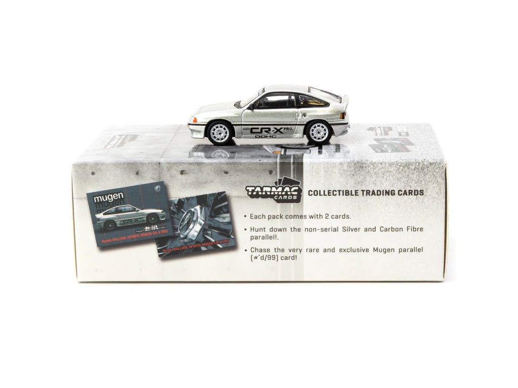 TARMAC WORKS 1/64 HONDA Ballade Sports MUGEN CR-X PRO Silver Model Car with Trading Cards Combo Set
