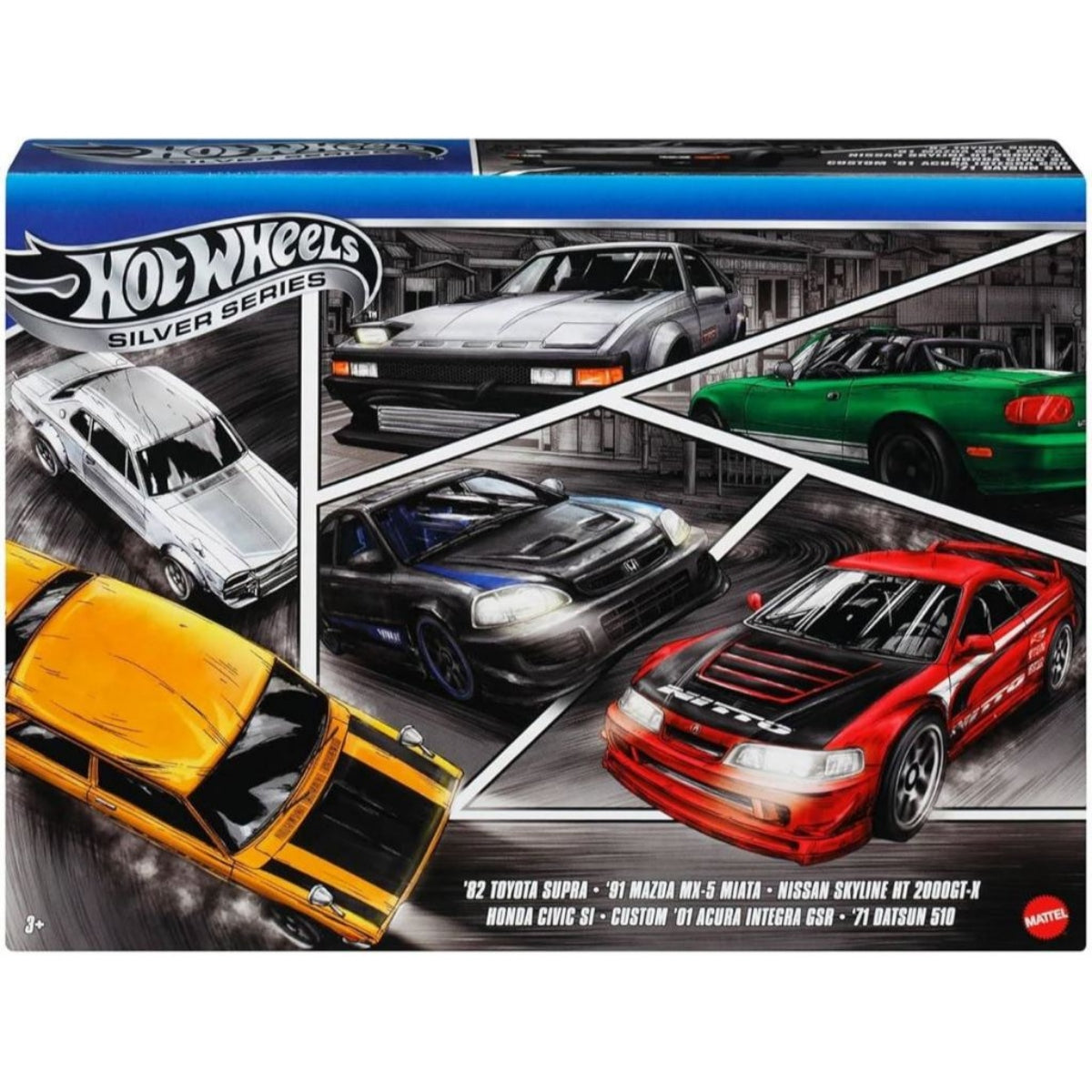 HOT WHEELS JDM SILVER SERIES BOX SET OF 6 TOYOTA SUPRA MAZDA MIATA NISSAN SKYLINE 2000GT-X HONDA SI INTEGRA DATSUN 510
