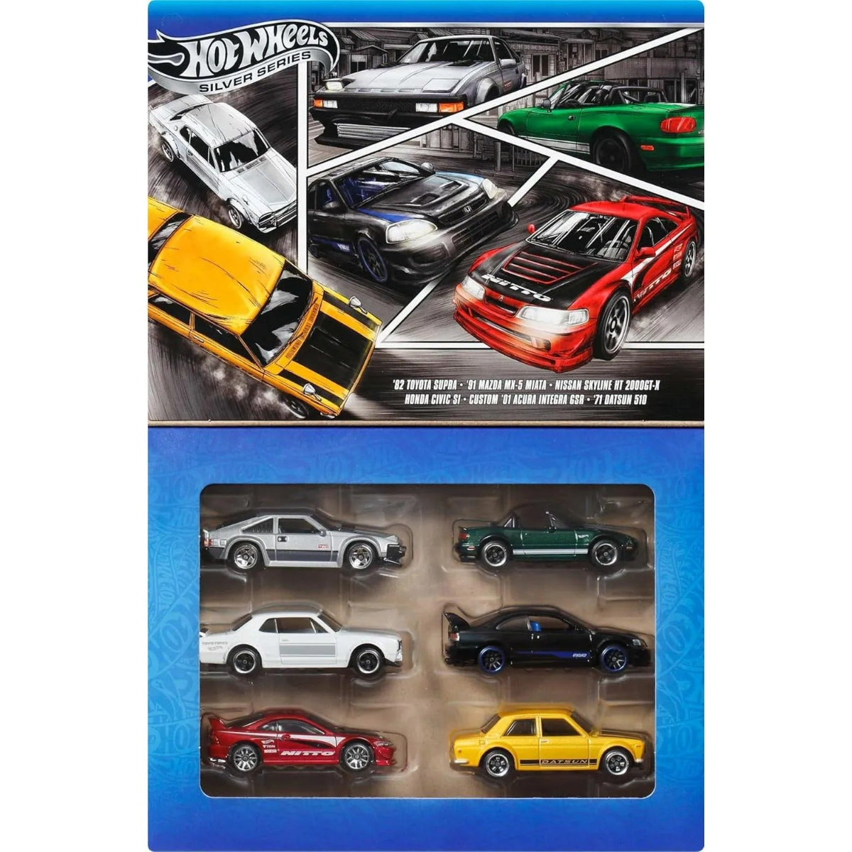 HOT WHEELS JDM SILVER SERIES BOX SET OF 6 TOYOTA SUPRA MAZDA MIATA NISSAN SKYLINE 2000GT-X HONDA SI INTEGRA DATSUN 510