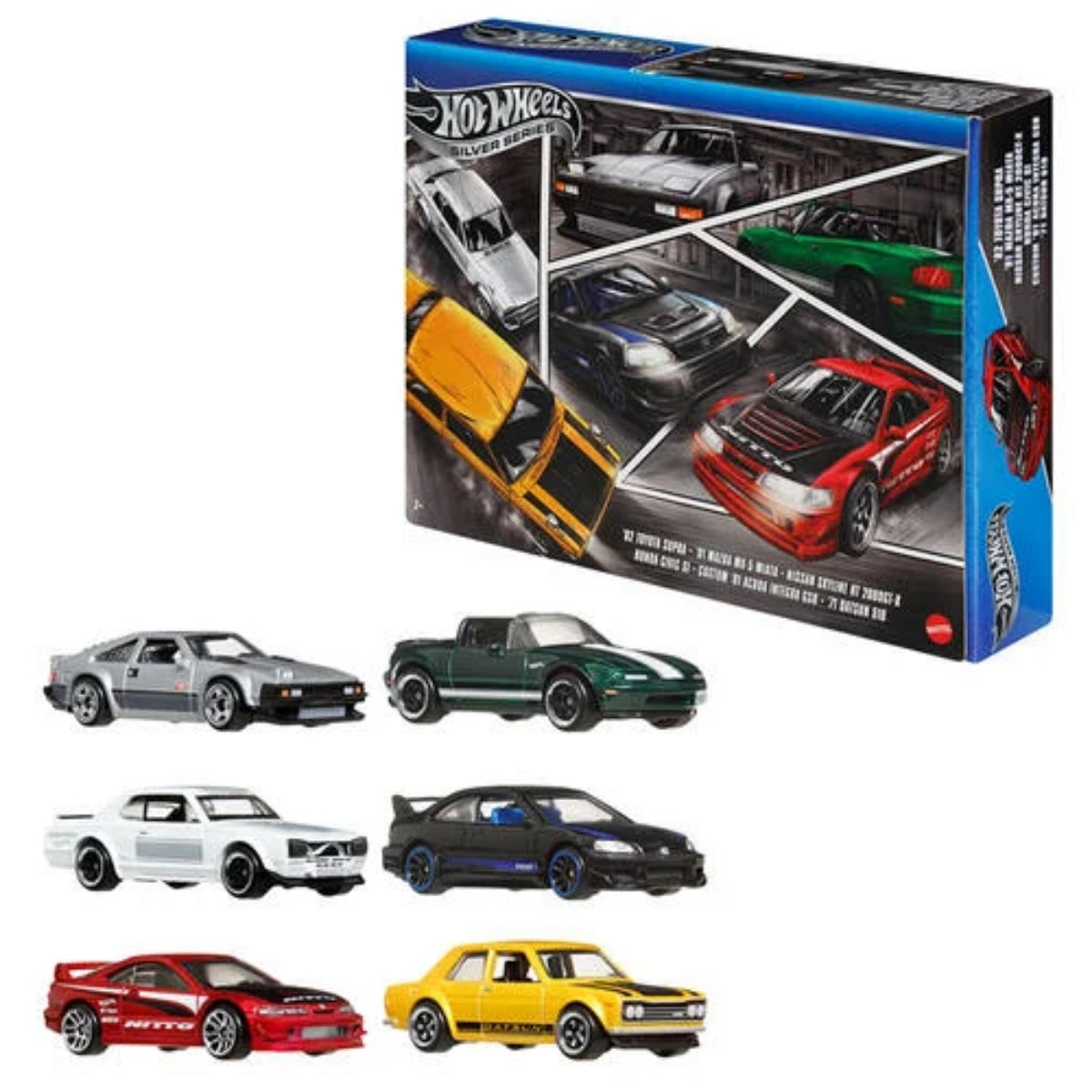 HOT WHEELS JDM SILVER SERIES BOX SET OF 6 TOYOTA SUPRA MAZDA MIATA NISSAN SKYLINE 2000GT-X HONDA SI INTEGRA DATSUN 510